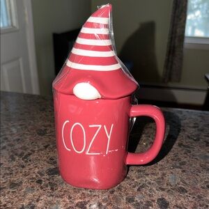 Rae Dunn Red Cozy Mug with Striped Hat Lid